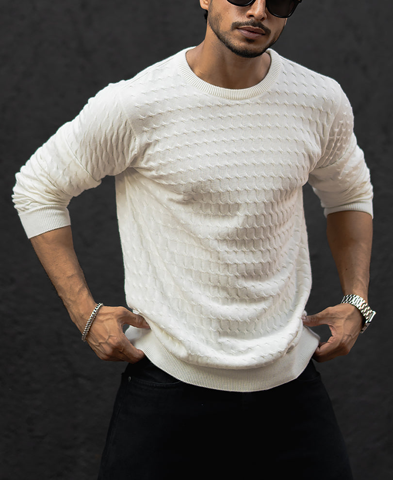 White Flat Knit Regular Fit Full Sleeves T-Shirt
