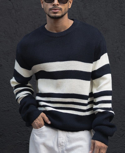 Navy Blue And White Stripes Regular Fit Full Sleeves T-Shirt