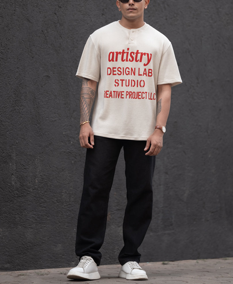 Cream Structured Printed Regular Fit Half Sleeves T-Shirt.
