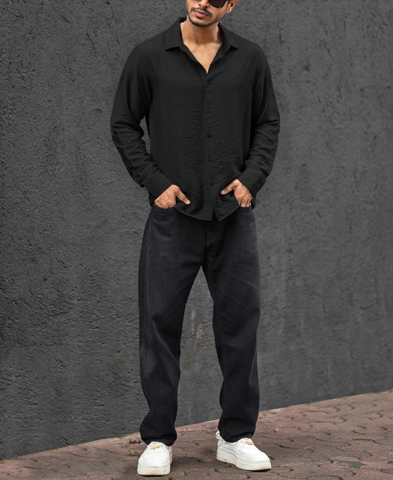 Plain Black Regular Fit Full Sleeves Shirt