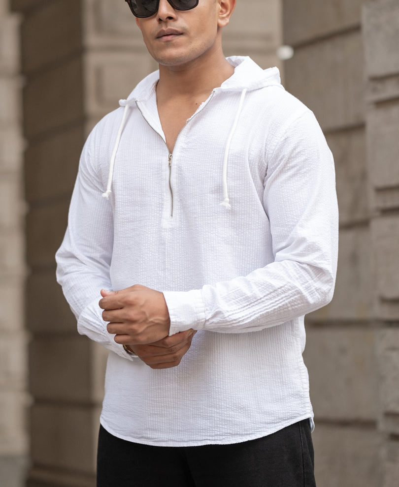 White Structured Regular Fit Hoodie Style Shirt