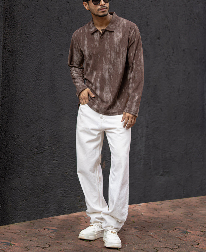 Brown Corduroy Regular Fit Full Sleeves T-Shirt