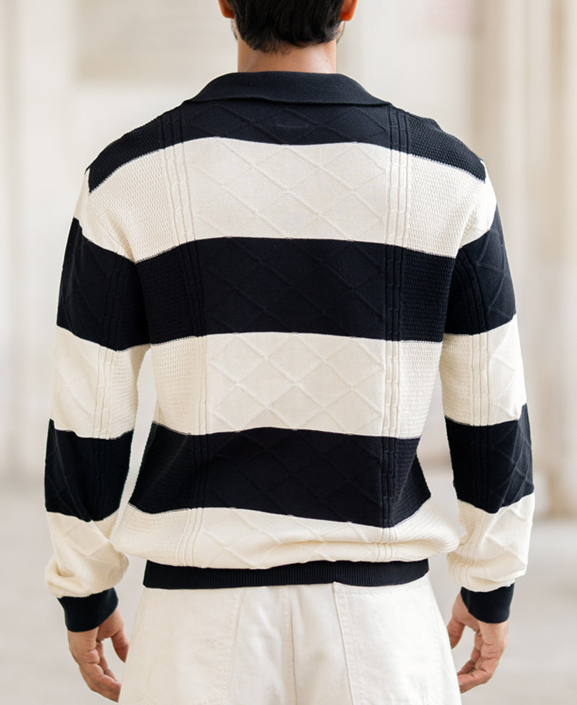 Black And Off-White Regular Fit Full Sleeves T-Shirt