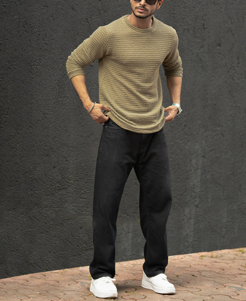 Olive Structured Regular Fit Full Sleeves T-Shirt