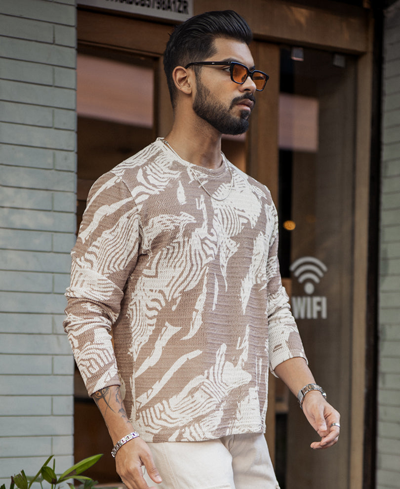 Off-White And Brown Regular Fit Printed Full Sleeves T-Shirt