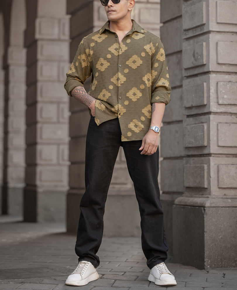Olive Geometric Jacquard Shirt.