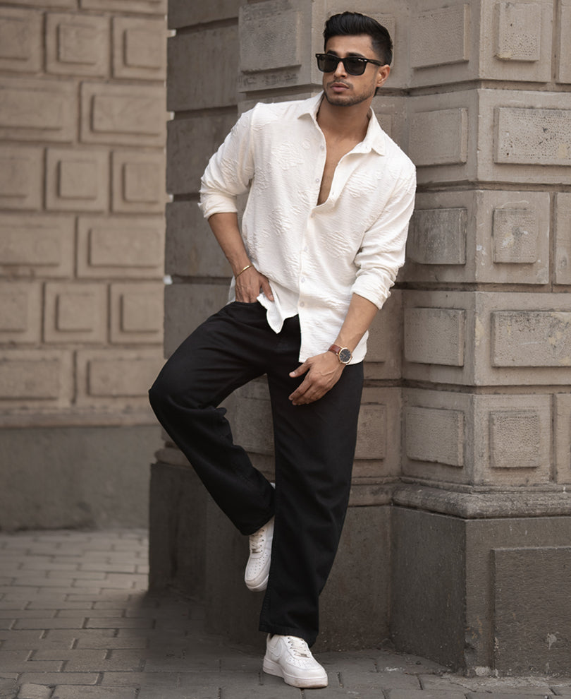 White Geometric Jacquard Shirt