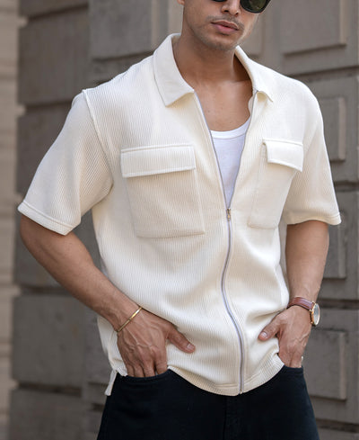 Light Fawn Corduroy Oversized Half Sleeves Shirt