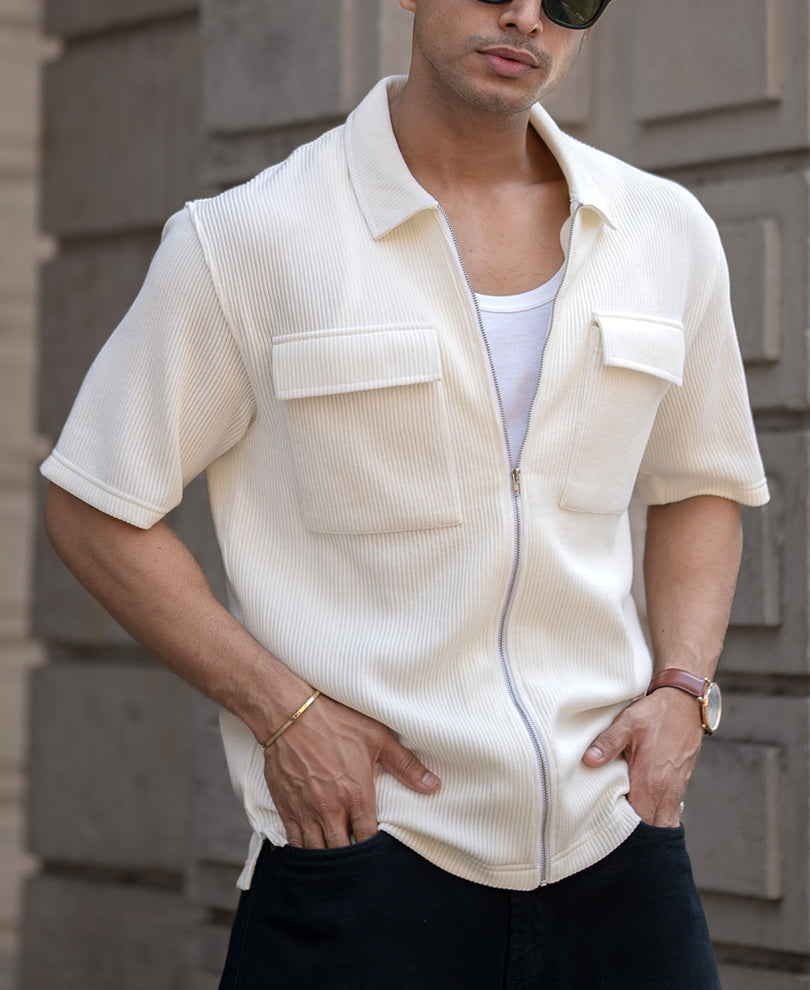 Light Fawn Corduroy Oversized Half Sleeves Shirt