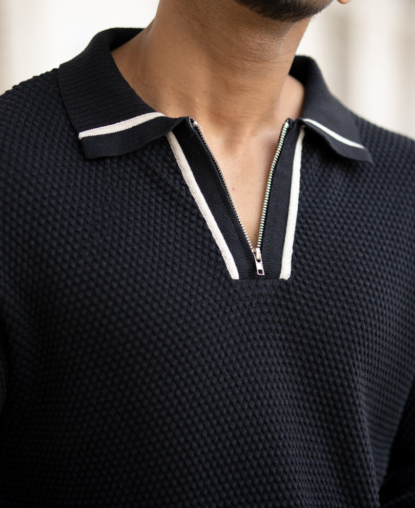 Black Structured Full Sleeves Regular Fit Collar T-Shirt