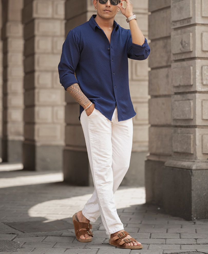 Navy Blue Structured Regular Fit Shirt