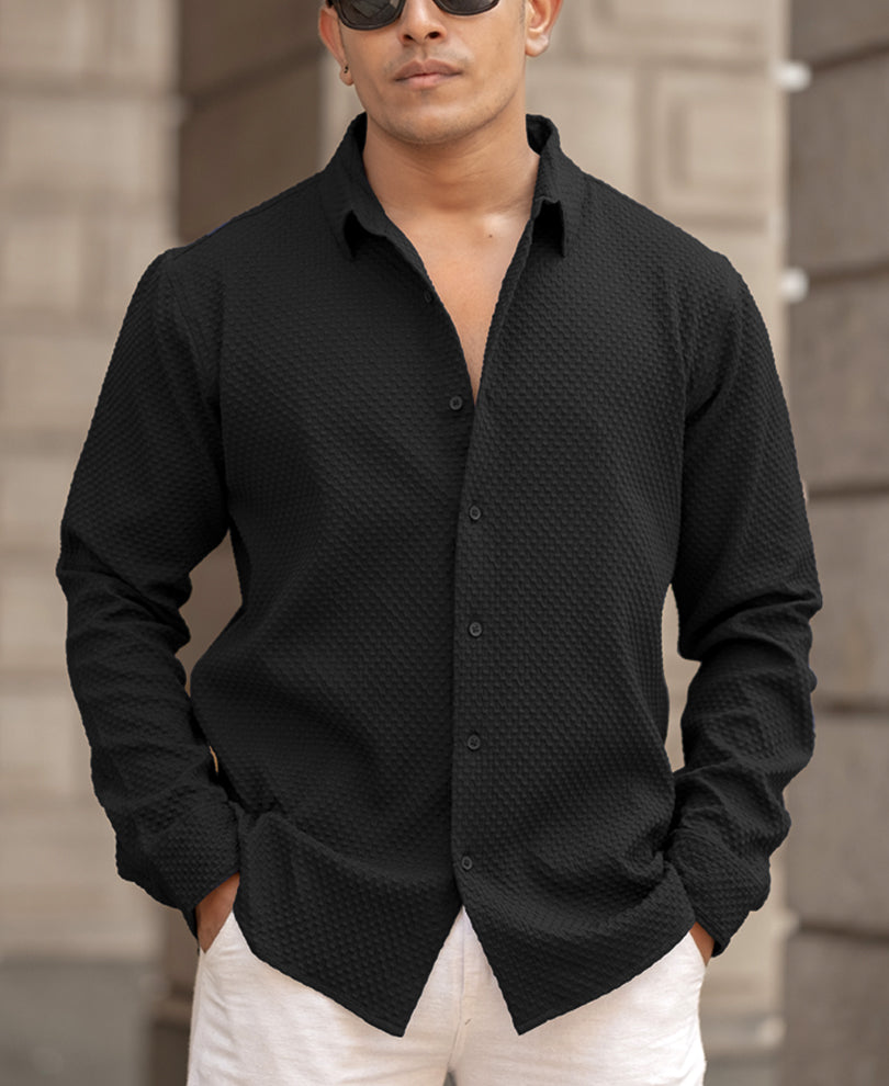 Black Waffle Structured Regular Fit Full Sleeves Shirt