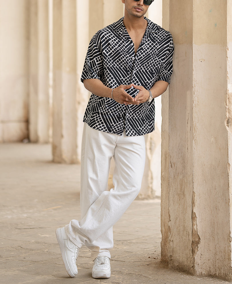 Black Printed Half Sleeves Oversized Shirt