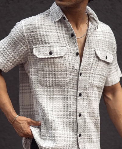 Grey and Off White Regular Fit Waffle Checks Shirt