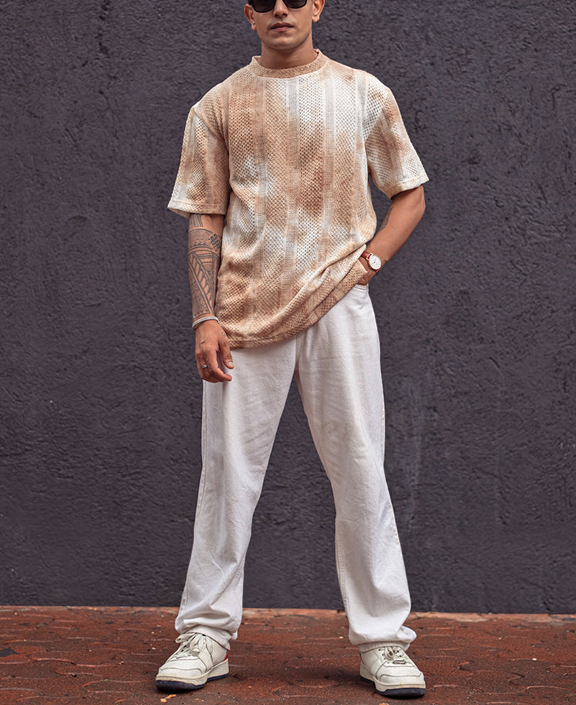 Light Brown Oversized Structured Tie Dye Print Half Sleeves T Shirt
