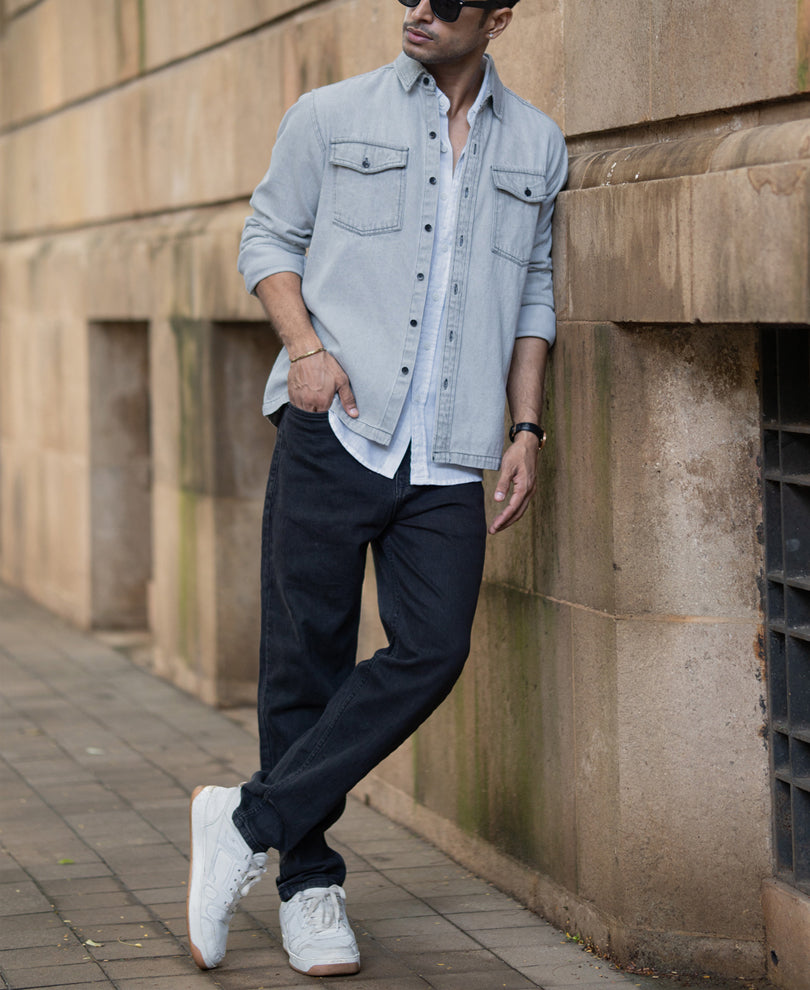 Grey Denim Shacket With Pockets