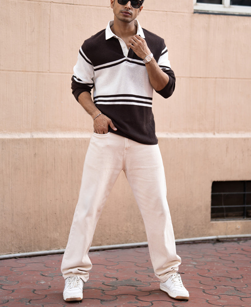 Coffee Brown Structured Stripe Sweatshirt