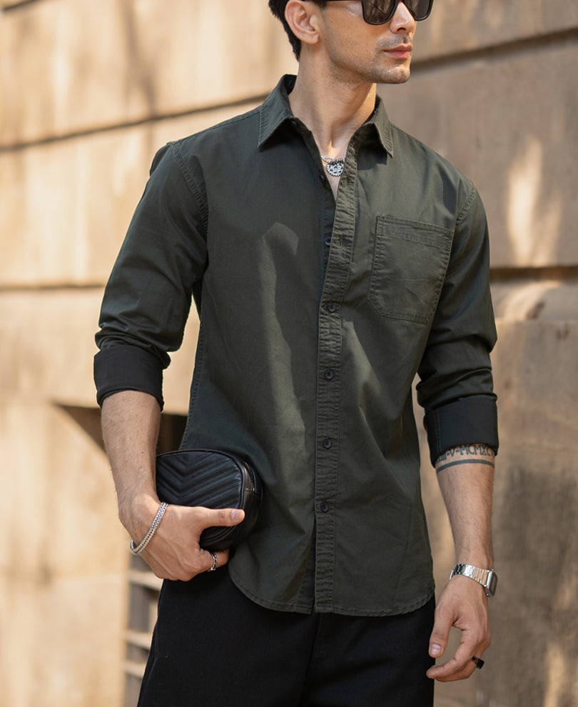 Dark Olive Cotton Twill Shirt.