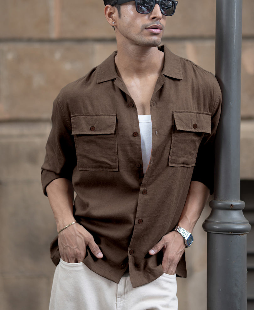Brown Linen Double Pocket Shirt