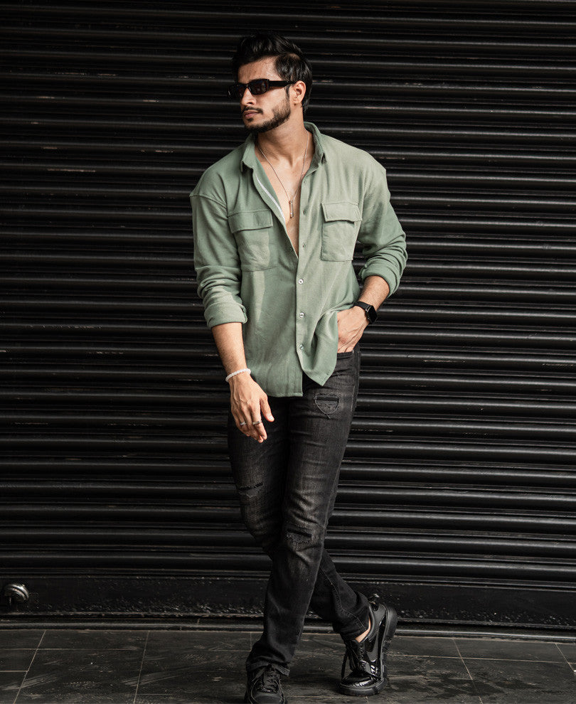 Laurel Green Chest Pocket Oversize Drop Shoulder Shirt