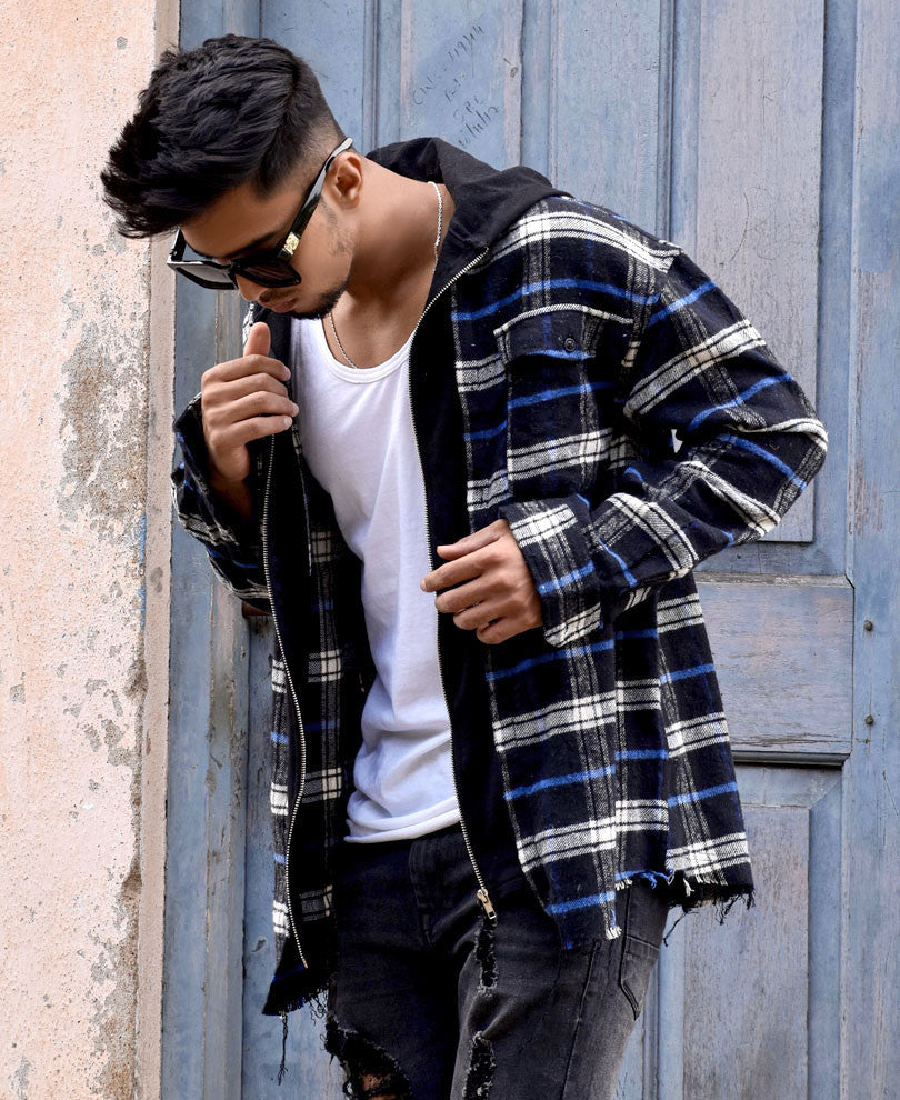 Navy Blue And White Checks Overshirt Hood Jacket With Zip