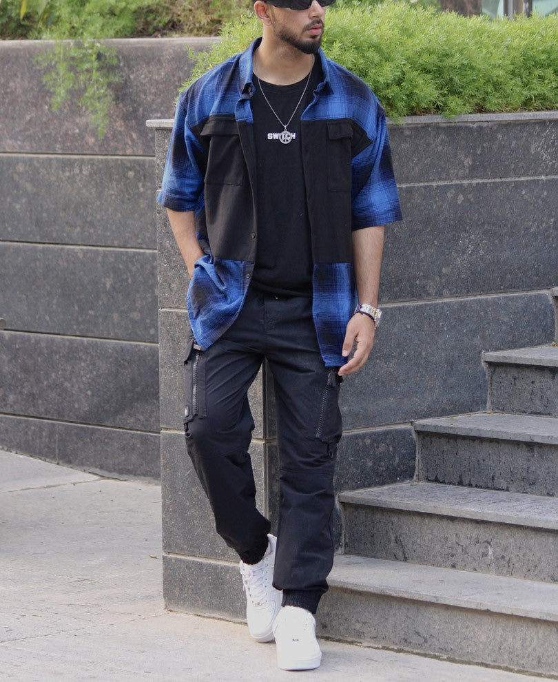 Blue With Black Panel Checks Oversize Drop Shoulder Shirt