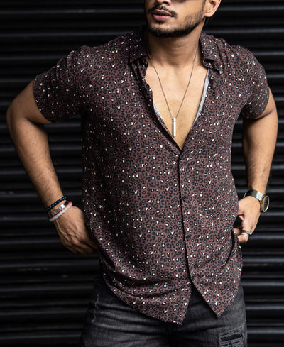 Dark Brown Leopard Print Half Sleeves Shirt