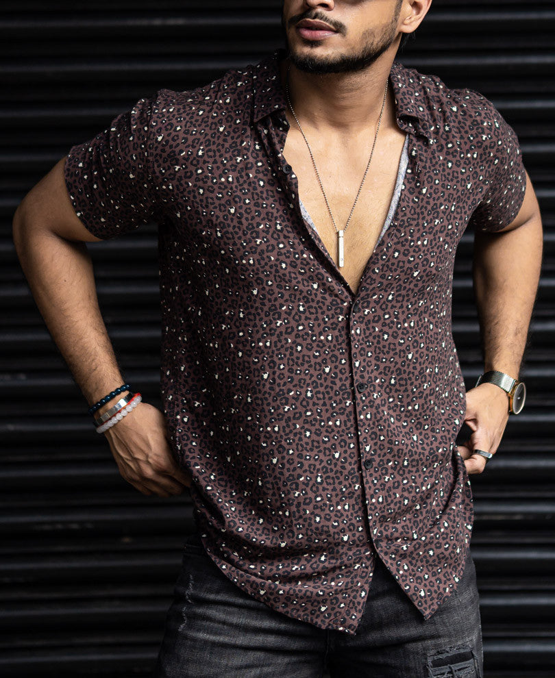 Dark Brown Leopard Print Half Sleeves Shirt