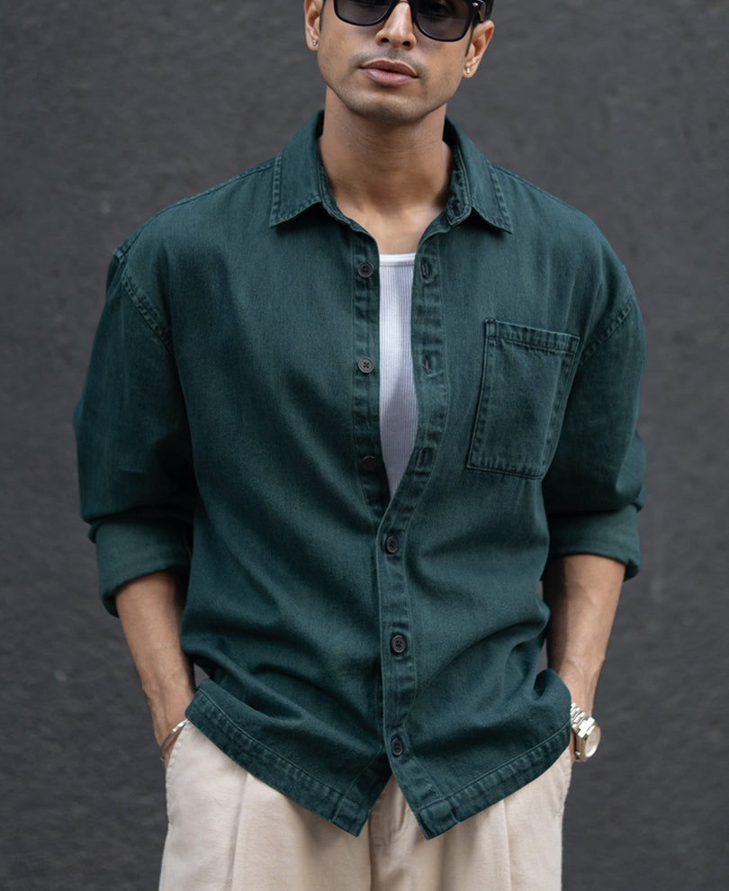 Dark Green Over Dyed Denim Shirt