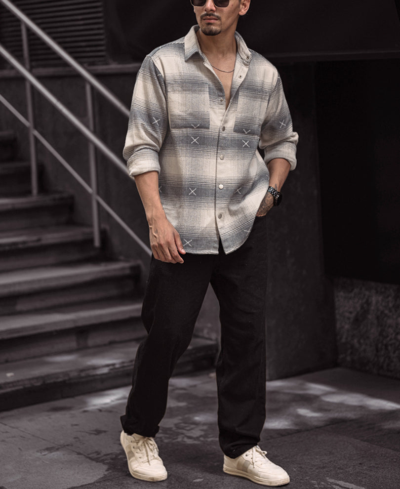 Grey and Off White Flannel Regular Fit Full Sleeves Shirt