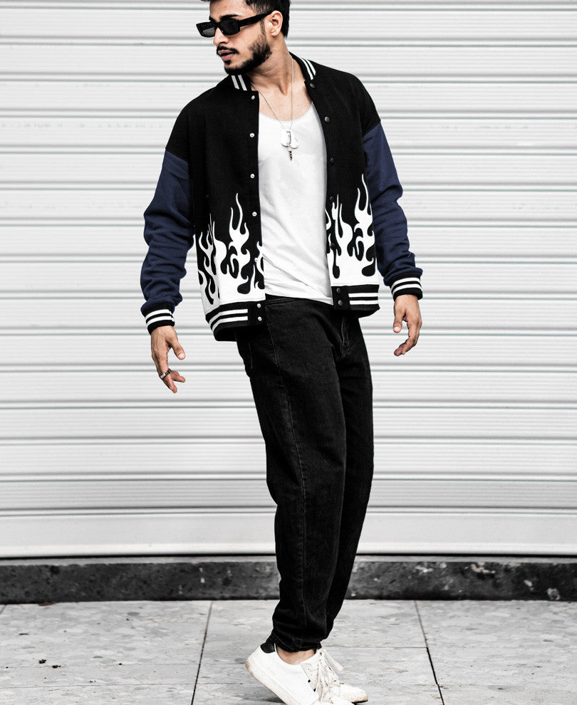 Black Flames Varsity Oversize Drop Shoulder Jacket