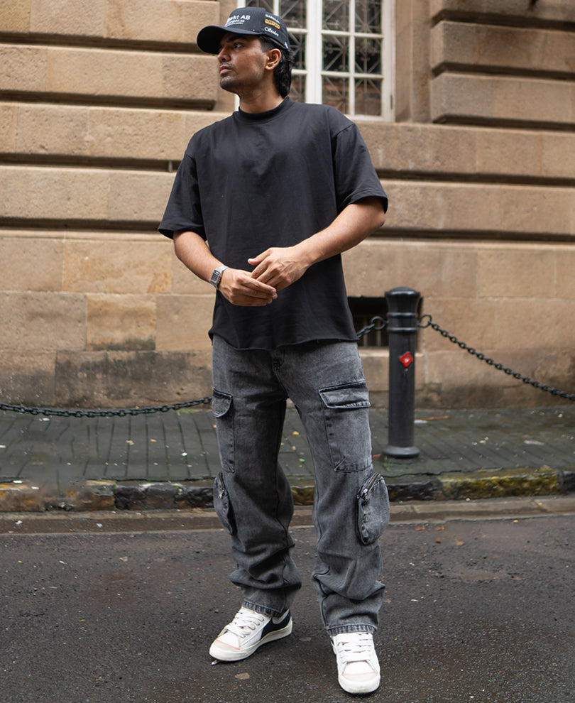 Carbon Black Baggy Fit Cargo Jeans