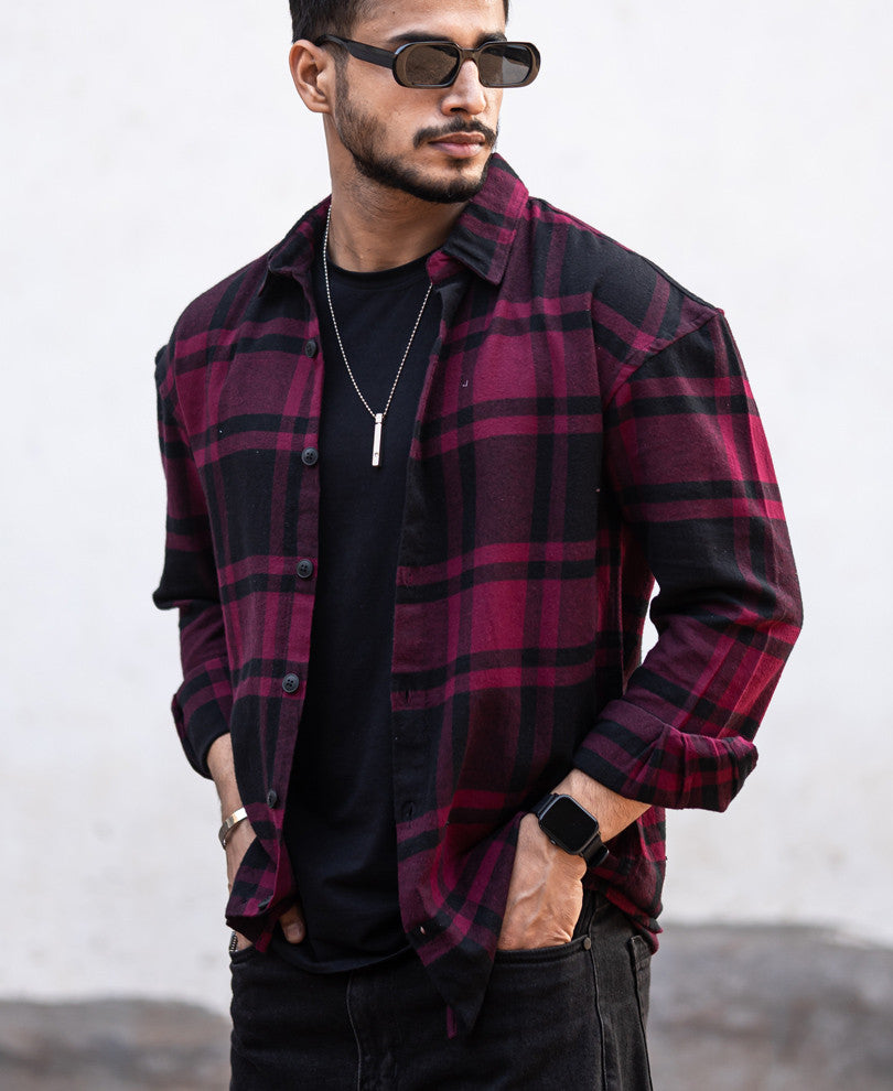 Maroon Plaid Checks Oversize Drop Shoulder Shirt