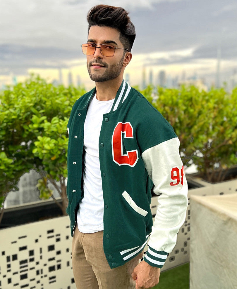 Bottle Green Varsity Baseball Oversize Drop Shoulder Jacket