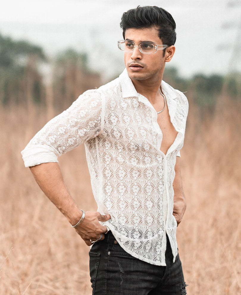 White Sheer Pattern Full Sleeves Shirt