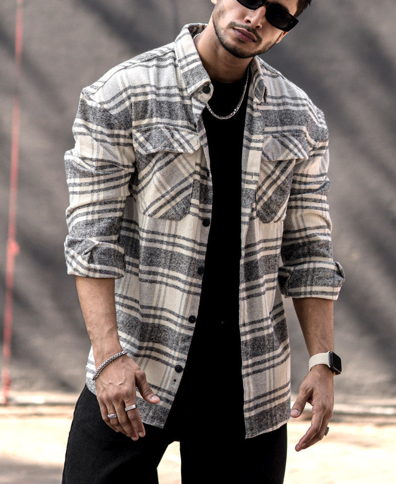 Cream Flannel Check Oversize Drop Shoulder Shirt