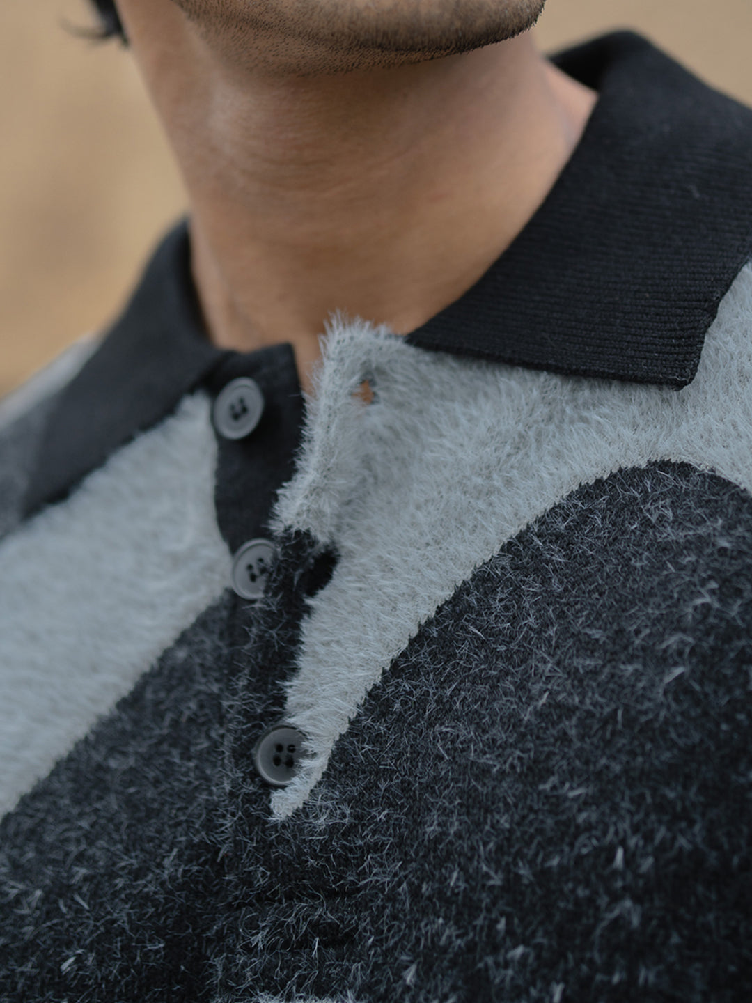 Black Abstract Jacquard Knit Polo Sweater