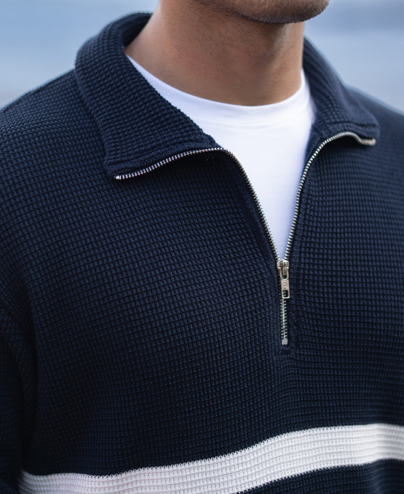 Navy Striped Zipper Neck Sweater