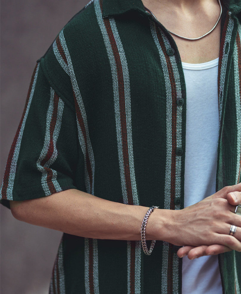 Olive Green Vertical Stripes Oversize Drop Shoulder Shirt