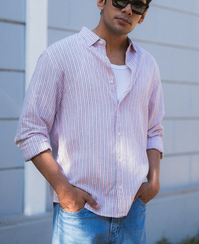 Pastel Pink Linen Blend Stripe Shirt