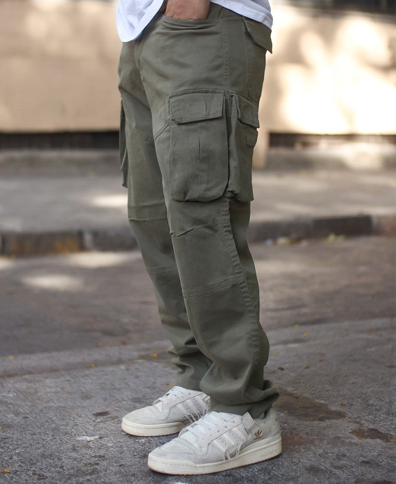 Olive Green Cargo Pocket Baggy Fit Jeans