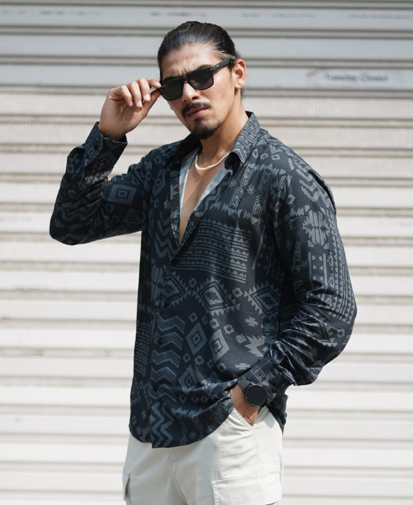 Dark Grey Ethnic Style Print Full Sleeves Shirt