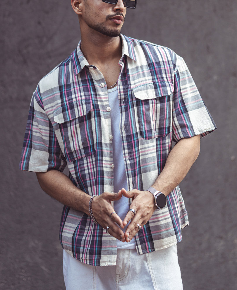 Multi Color Pocket Checks Oversize Drop Shoulder Shirt