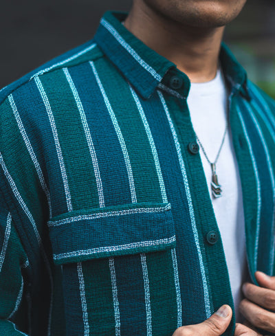 Green and Blue Structured Shacket Striped Oversized Shirt