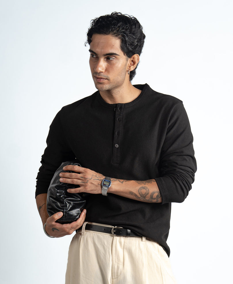 Black Henley Neck Knit T-Shirt