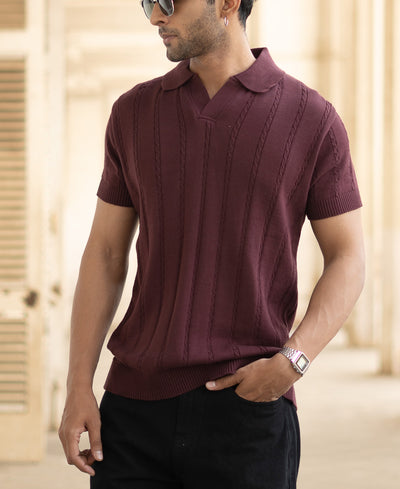 Wine Knitted Polo T-Shirt
