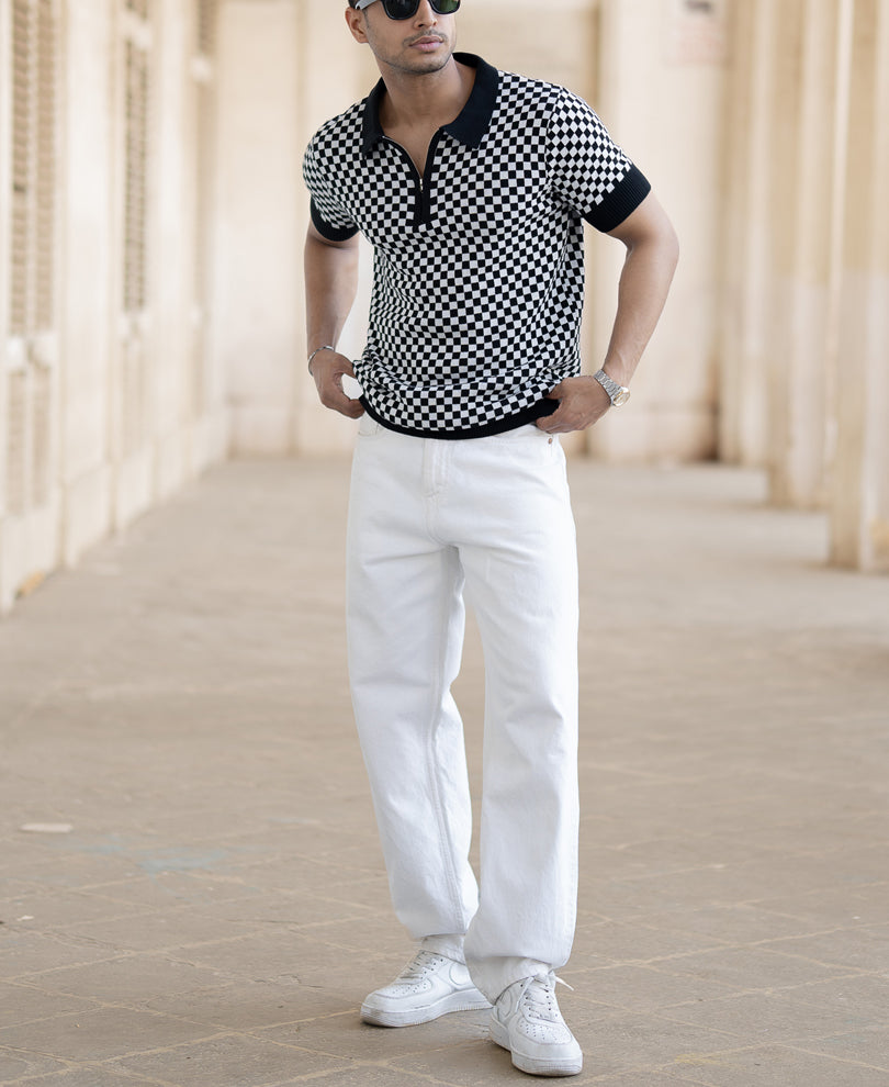 Checkerboard Zipper Polo T-Shirt