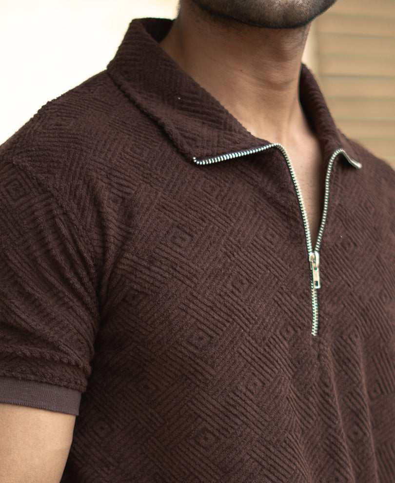 Brown Jacquard Regular Fit Half Sleeves T-Shirt