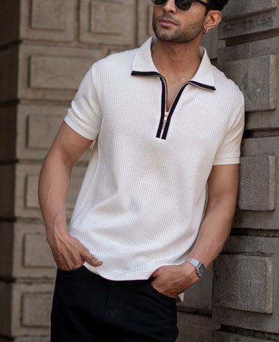 White Structured Zipper T-Shirt