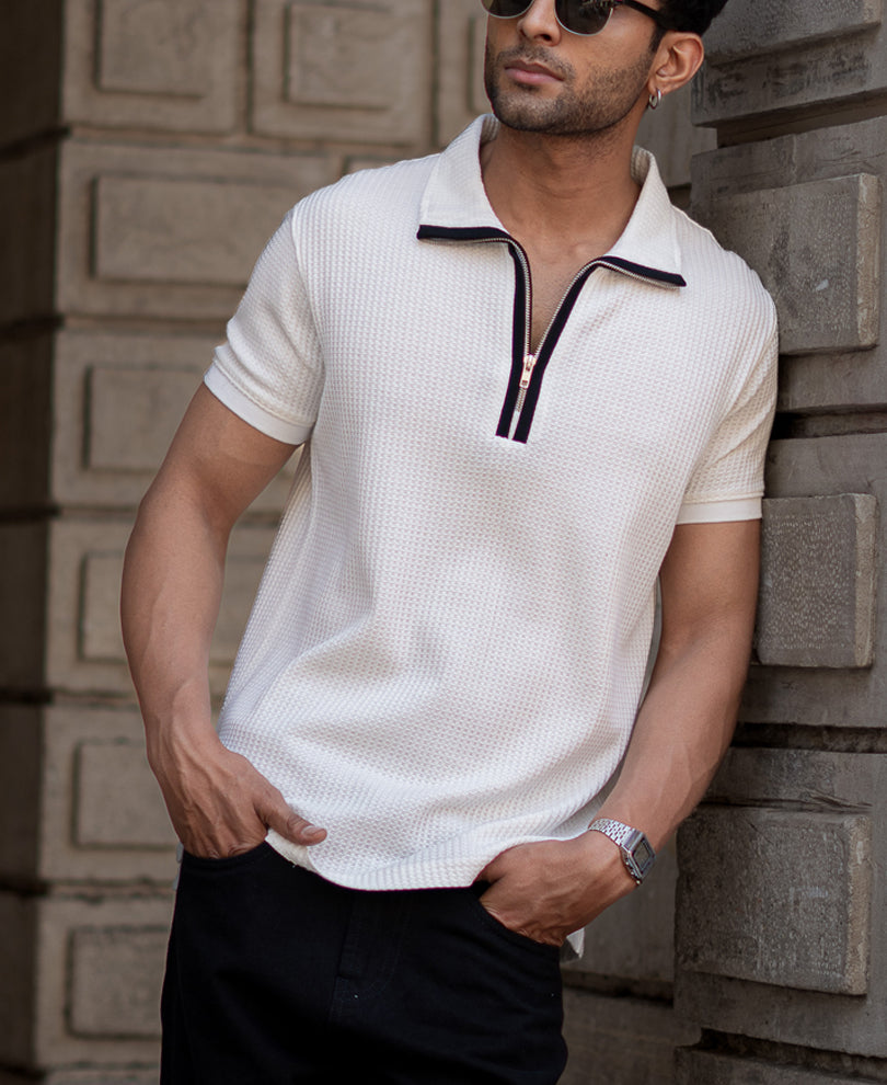 White Structured Zipper T-Shirt